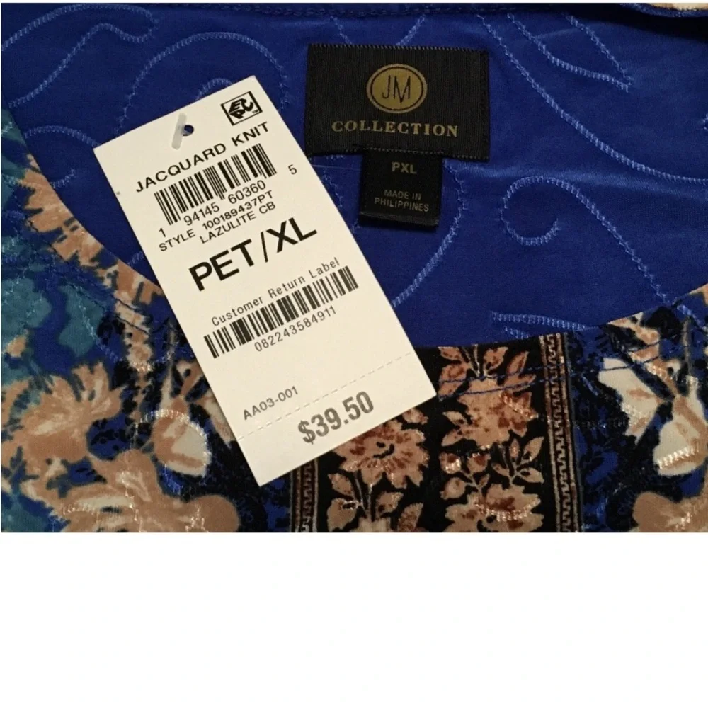 JM Collection Jacqaurd Petite PXL Lazulite Blue Combo 3/4 Sleeve Scoop Neck Top - Picture 3 of 7